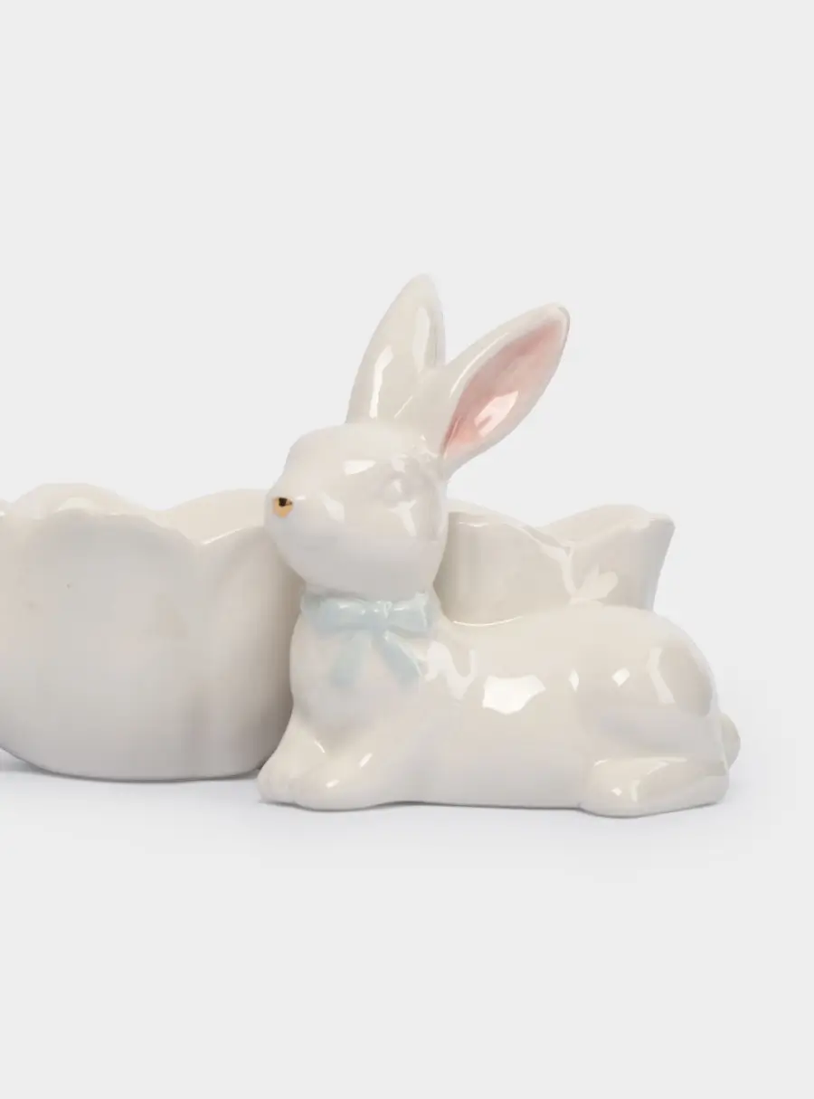 Блюдо пасхальное, 20х9 см, 3 отд, керамика, молочно-золотистое, Кролики с цветами, White Rabbit ,image-3