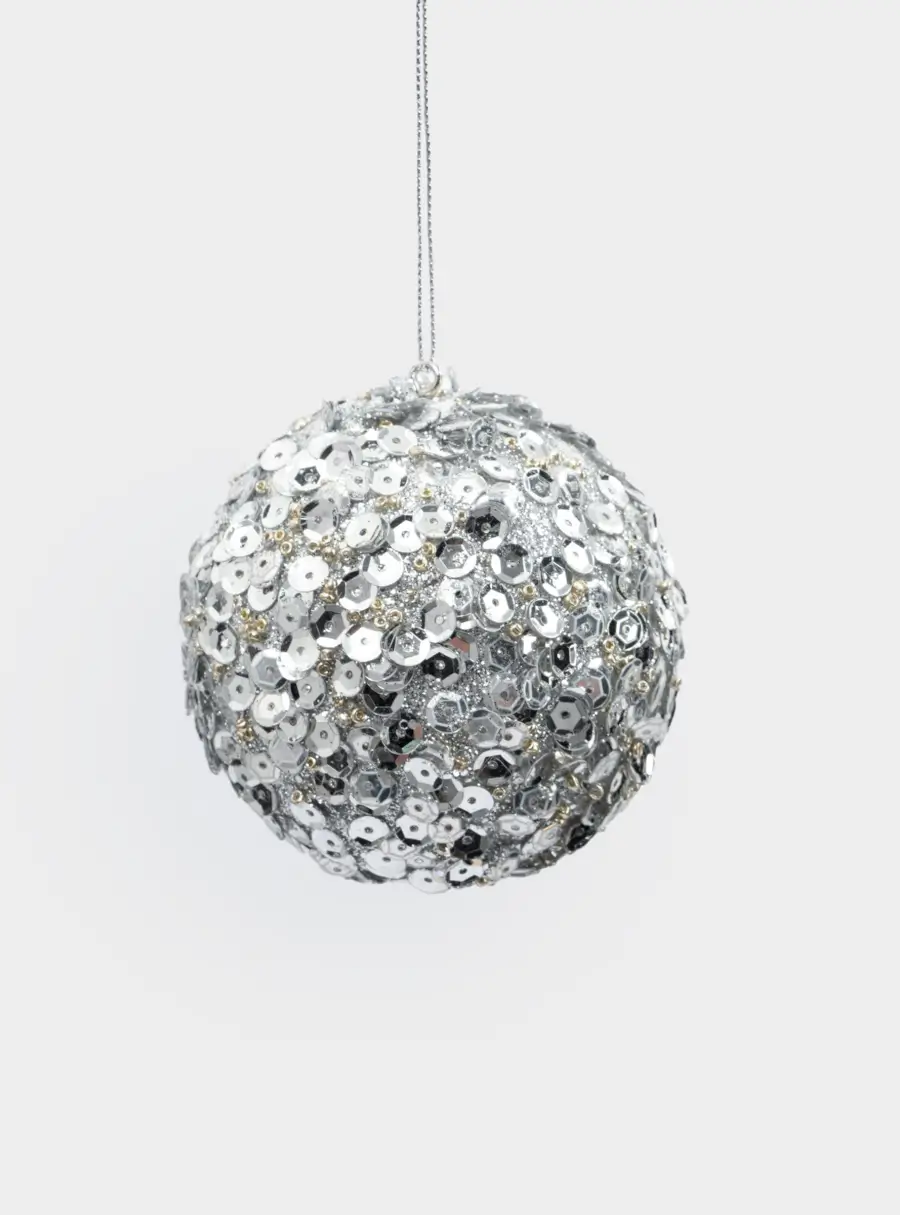 Игрушка елочная, 8 см, пластик, серебристая, Шар с пайетками, New year ,image-0