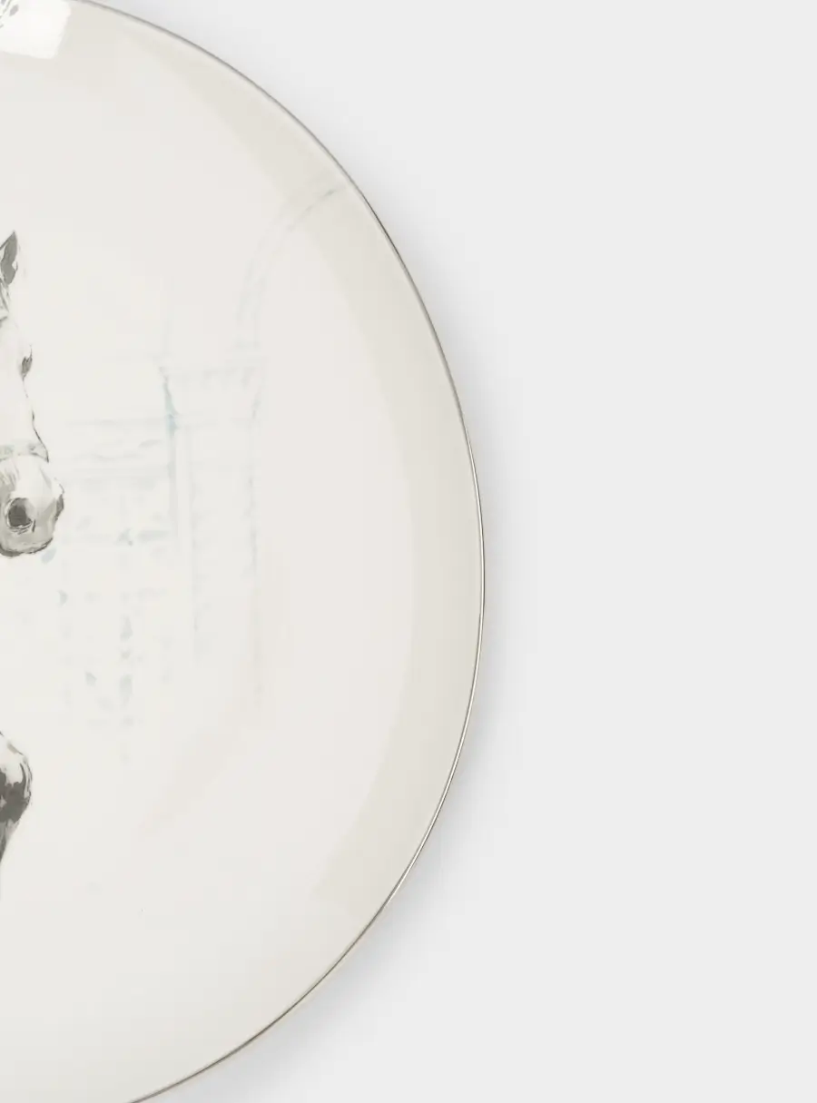 Тарелка обеденная, 28 см, фарфор N, белая, с серебристым кантом, Конь, White horse ,image-2