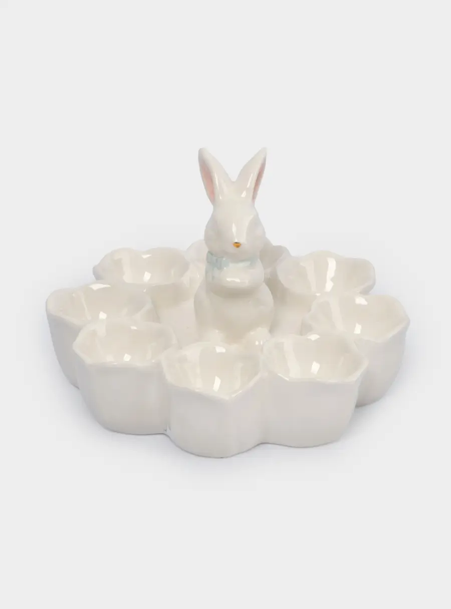 Блюдо пасхальное, 18х12 см, 8 отд, керамика, молочно-золотистое, Кролик в цветах, White Rabbit ,image-1