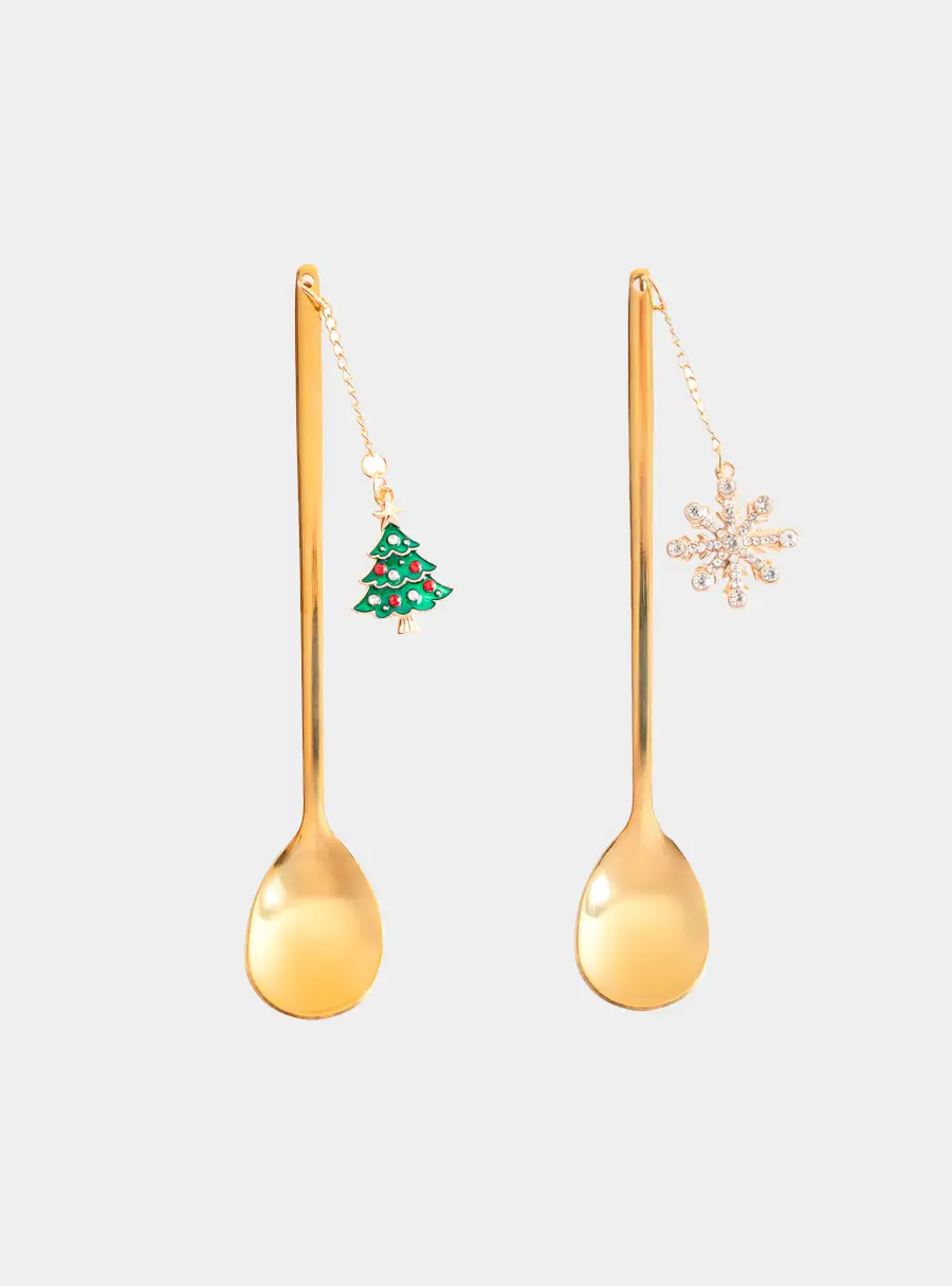 Ложка десертная, 14 см, 2 шт, сталь, золотистая, Снежинка/Елка, New Year ,image-0