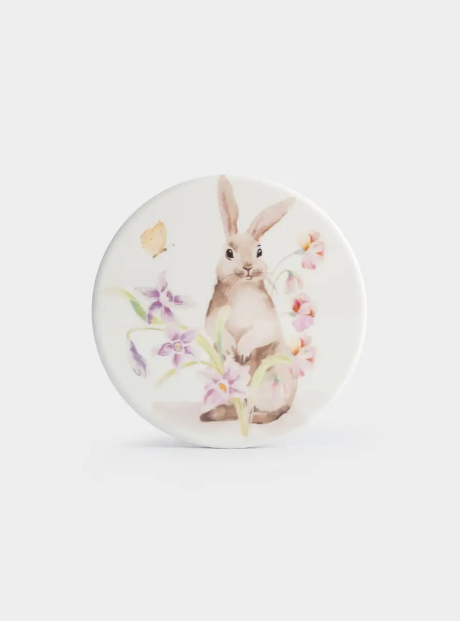Подставка под кружку, 11 см, круглая, керамика/пробка, белая, Кролик в цветах, Flower Rabbit ,image-0