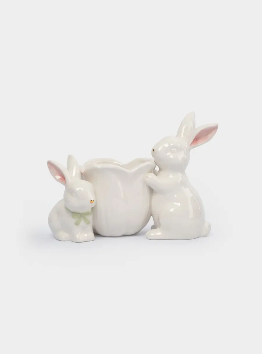 Конфетница, 19х15 см, керамика, молочно-золотистая, Кролики с цветком, White Rabbit ,image-2