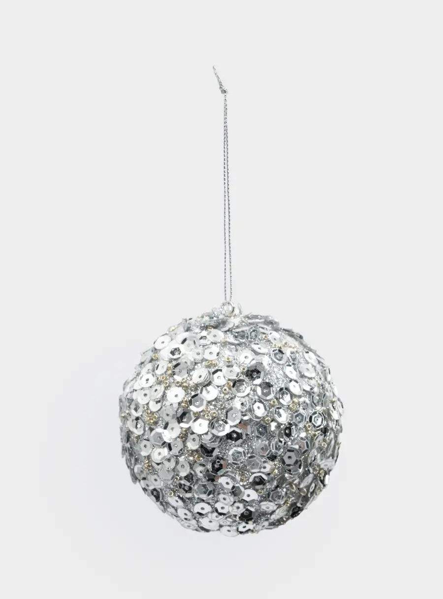 Игрушка елочная, 8 см, пластик, серебристая, Шар с пайетками, New year, image-1