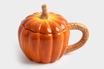 Кружка, 450 мл, с крышкой, керамика, оранжево-зеленая, Тыква, Bright pumpkin