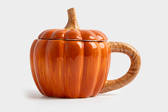 Кружка, 450 мл, с крышкой, керамика, оранжево-зеленая, Тыква, Bright pumpkin