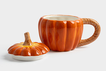 Кружка, 450 мл, с крышкой, керамика, оранжево-зеленая, Тыква, Bright pumpkin